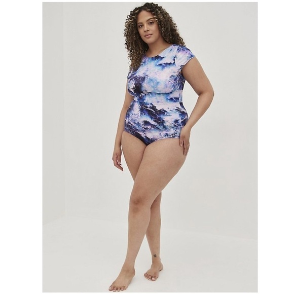 Torrid ACTIVE SWIM SCOOP BACK ONE-PIECE - OCEAN PRINT BLUE - Picture 1 of 11
